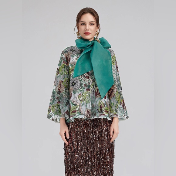 Rich Radi Q’S Green Sequin Floral Loose Jacket - Picture 3 of 11